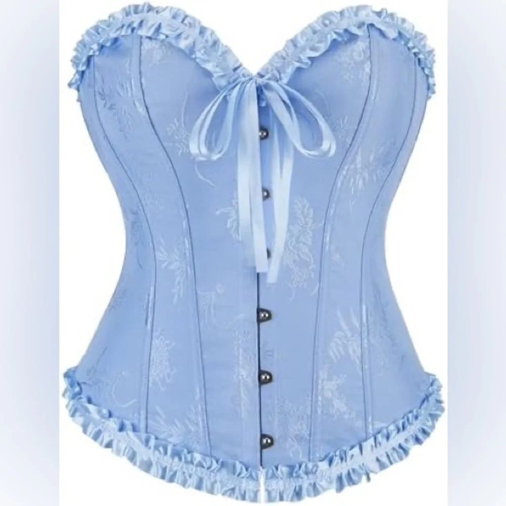 Lace-Up Floral Corset Top in Light Blue and White - Picture 2 of 5